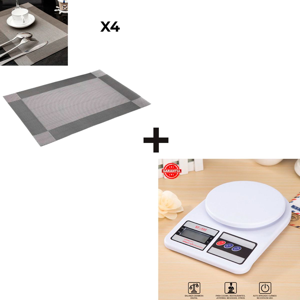 EASY&HOME - Combo Mantel individual Set x 4 de Mesa Gris+ Balanza Gramera