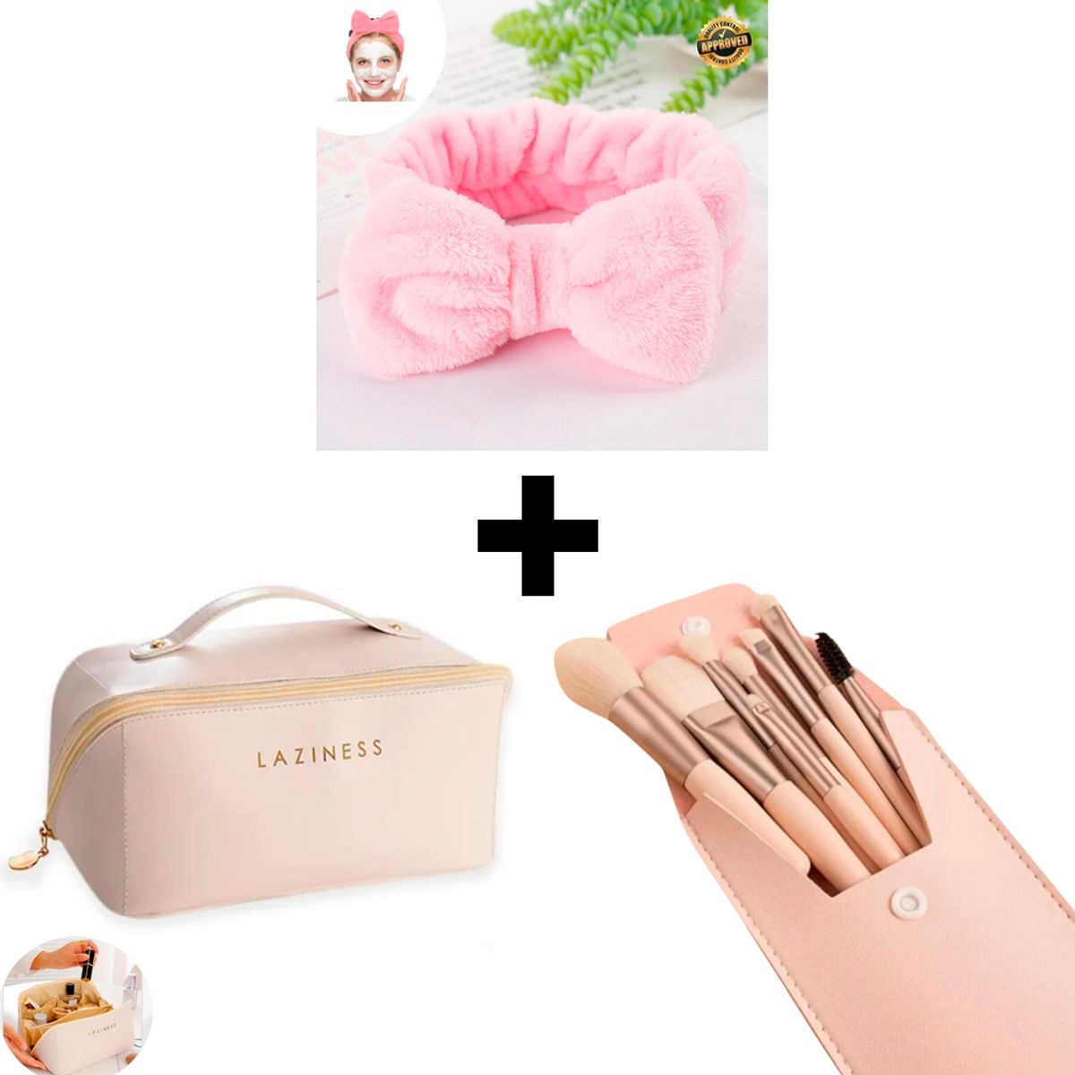 GENERICO - Combo Neceser Cosméticos Beige + 8 Brochas + Vincha Skincare Rosada