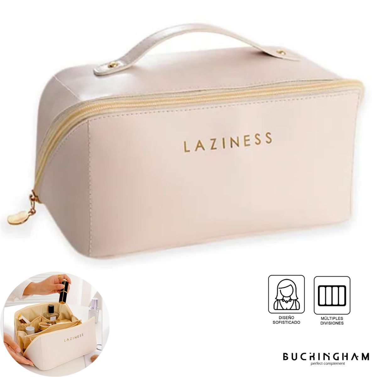 GENERICO - Combo Neceser Cosméticos Beige + 8 Brochas + Vincha Skincare Rosada