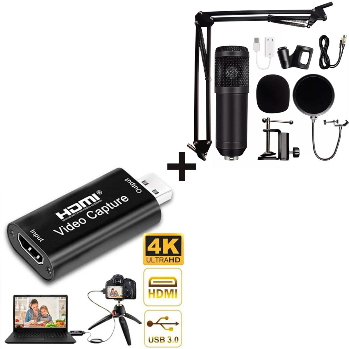 DREIZT - Combo Micrófono Condensador BM800 Black + Capturador Video HDMI 4K