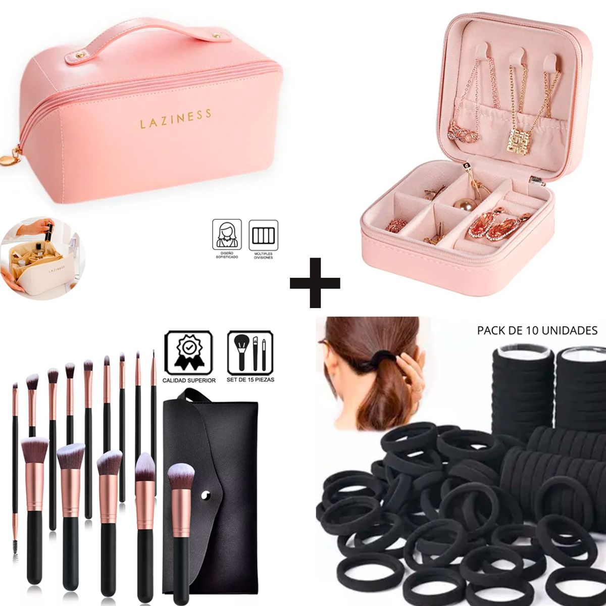 GENERICO - Pack Joyero Rosa + Neceser Rosa + Brochas 15pz + 10 Colets