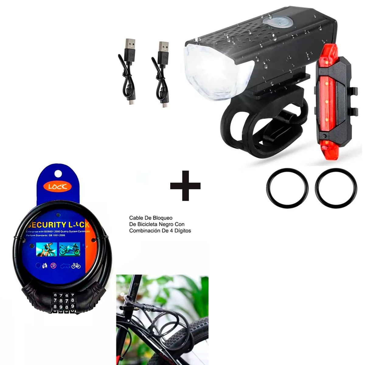 GENERICO - Combo Luces Bicicleta Recargables + Candado Clave 4 Dígitos