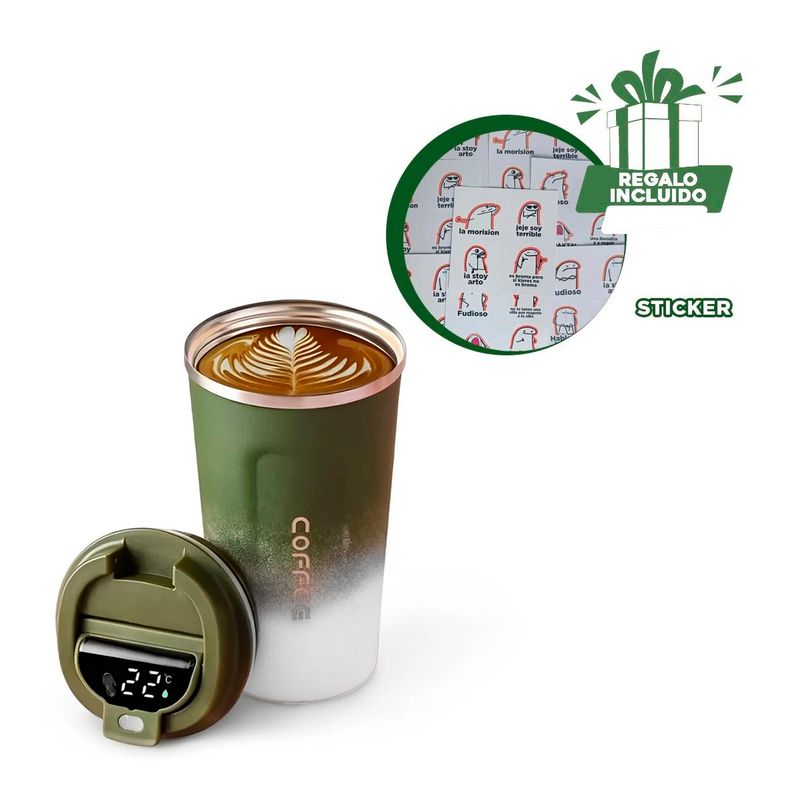 GENERICO - Vaso Inoxidable con Tapa Digital Verde Y+Regalo Stickers