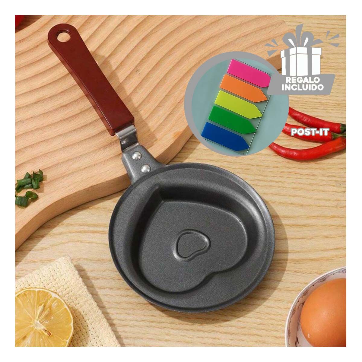 GENERICO - Paila con Molde Corazon y Mango Madera Y+Post-it Adhesivos