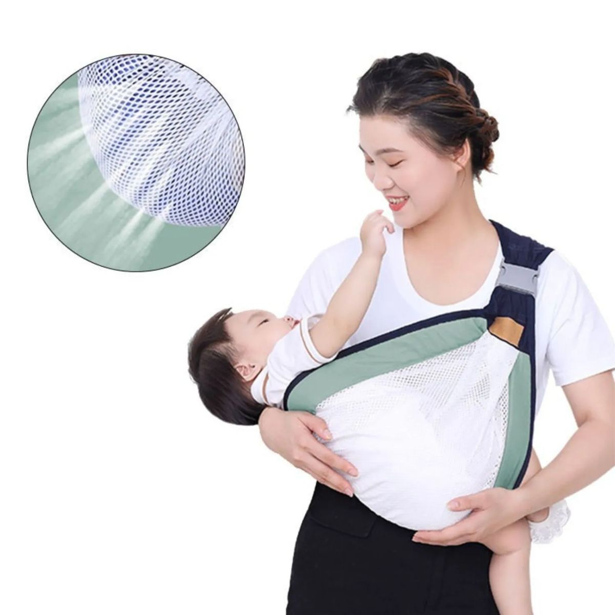GENERICO - Porta Bebe Fular Verde con Malla Blanca
