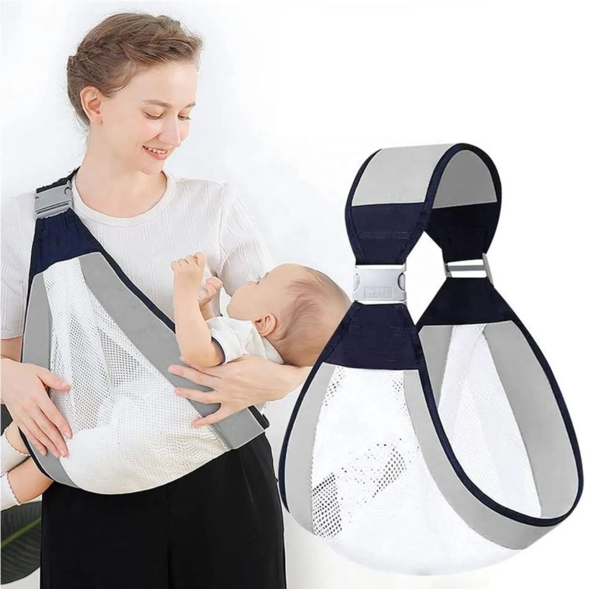 GENERICO - Porta Bebe Fular Gris con Malla Blanca