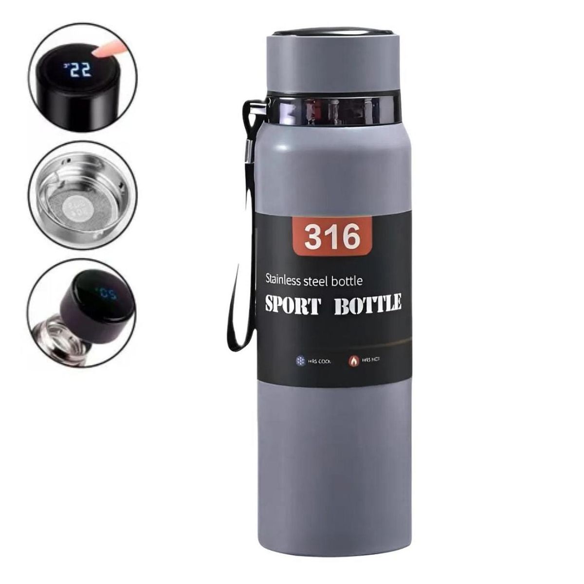 GENERICO - Termo Digital de Acero Inoxidable 800ml Bebidas Frías y Calientes Gris