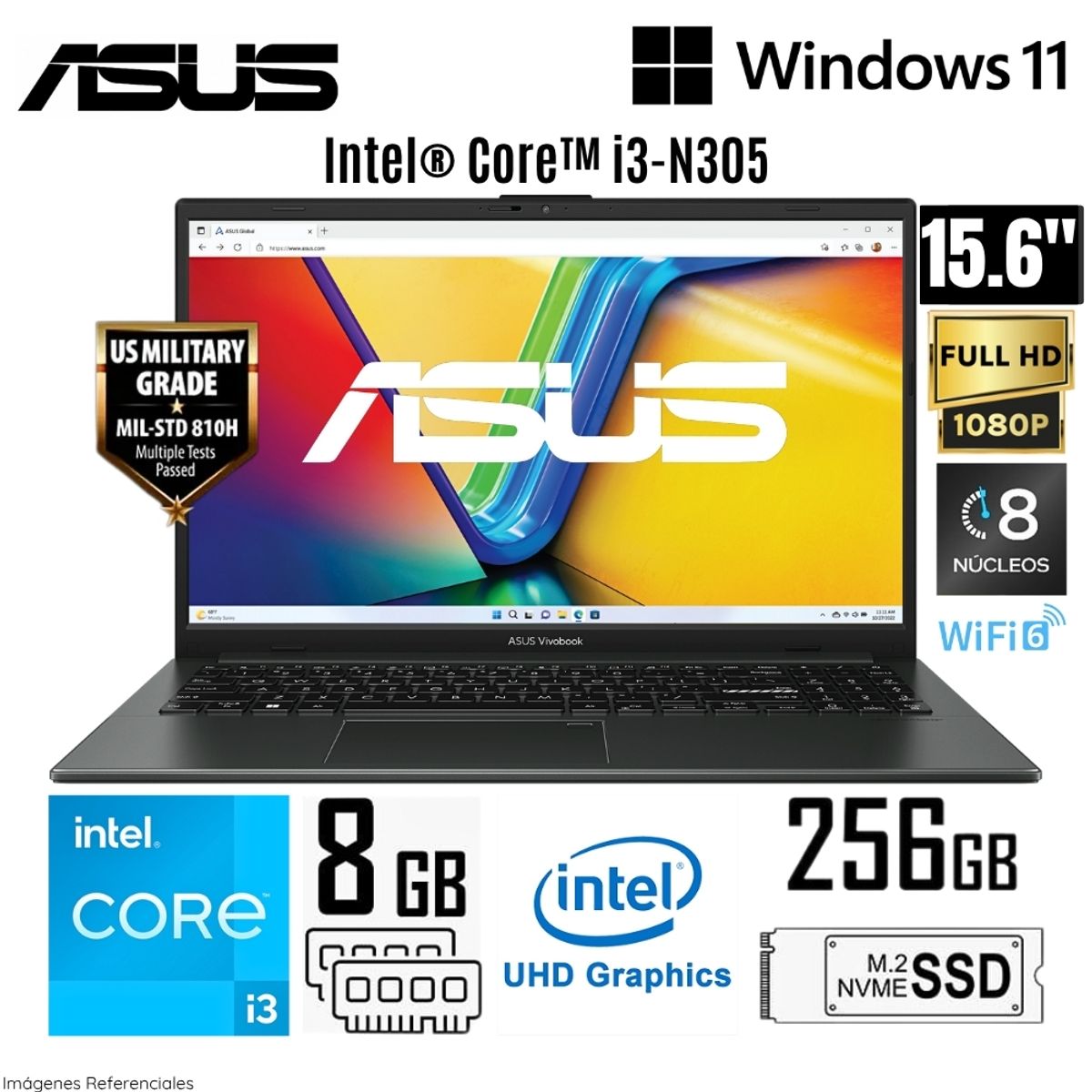 ASUS - Laptop Asus Vivobook Go 15 E1504GA-NJ191 Intel Core i3-N305 8GB RAM 256GB SSD 15.6" FHD Mixed Black