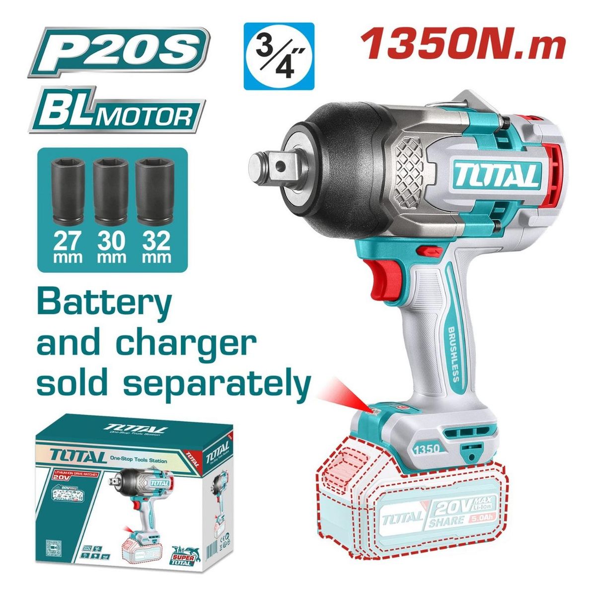 TOTAL - Llave de impacto 3/4" 1350 nm (cabezal solo) Total