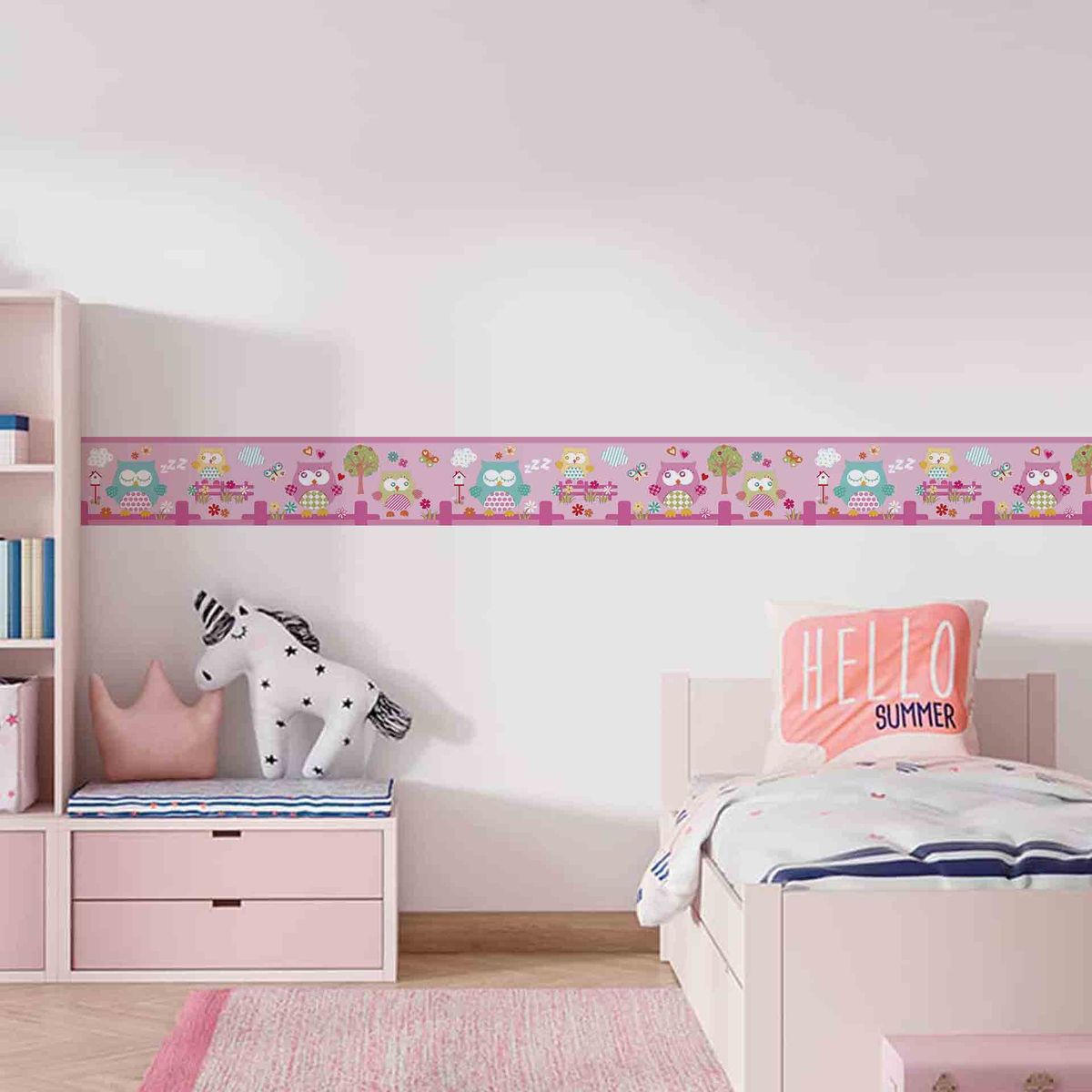 GENERICO - Cenefa Infantil Autoadhesiva Decorativa – Búhos en la Ciudad fucsia – 5.92 mts