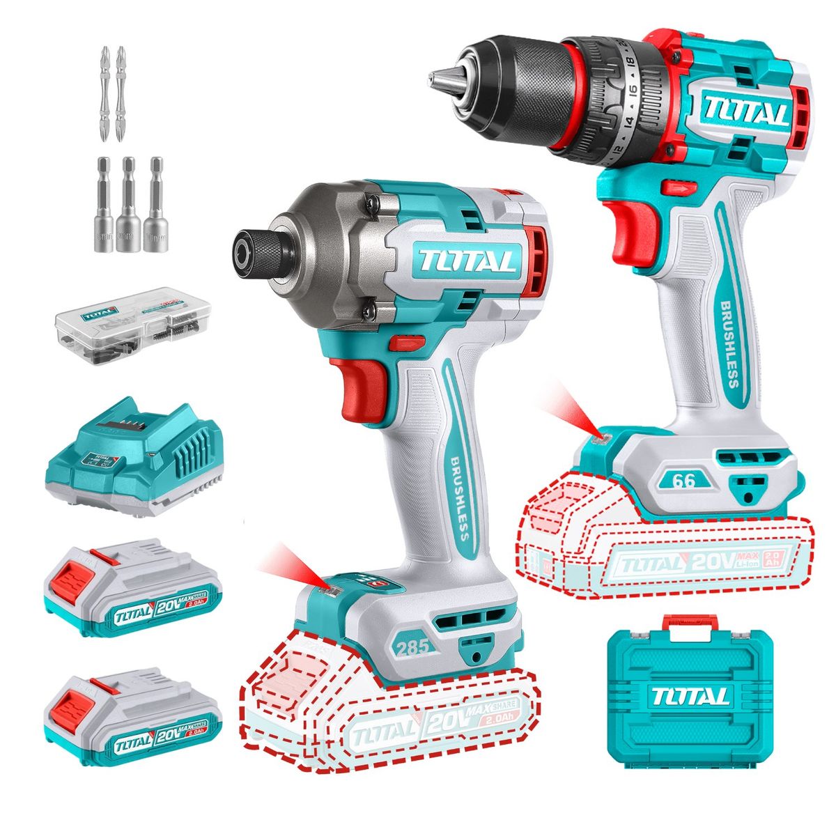 TOTAL TOOLS - Combo taladro percutor 66nm + atornillador de impacto 285nm Total