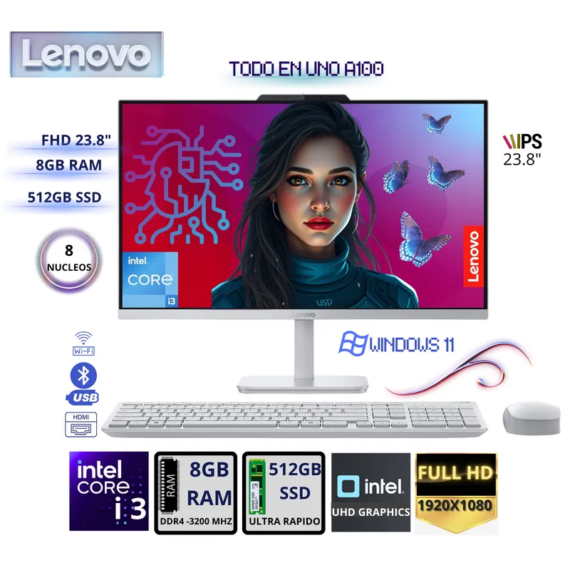 LENOVO - All in One Lenovo A100 Core i3-N305 8GB 512GB SSD 24 FHD