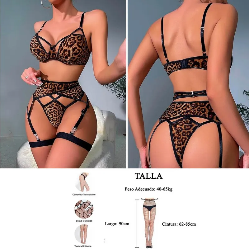 GENERICO - Conjunto de lencería de Leopardo para mujer con liguero de 3 piezas