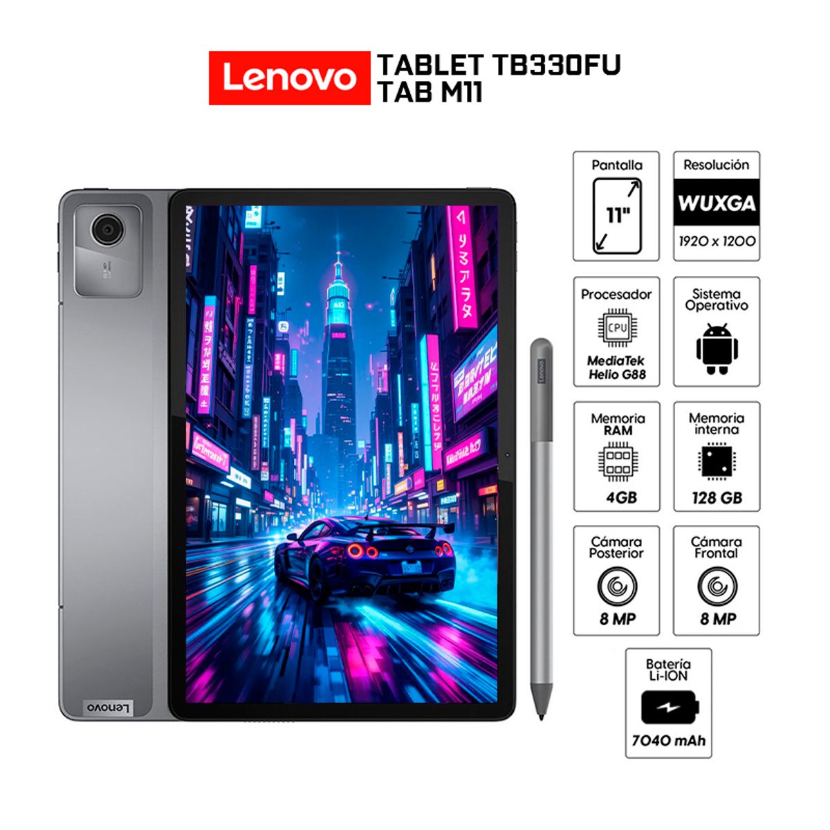 LENOVO - Tablet Lenovo Tab M11 TB330FU Pantalla 11 WUXGA IPS 4Gb Ram 128Gb Wifi+Case+Tab Pen