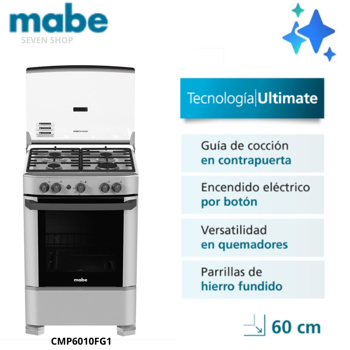 MABE - Cocina Mabe CMP6010FG1 a gas de 4 Hornillas - Silver
