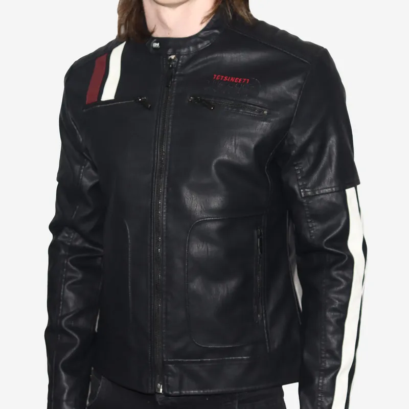 THE CULT - Casaca biker ecocuero con detalles tricolor – ideal para climas frios y estilo motociclista