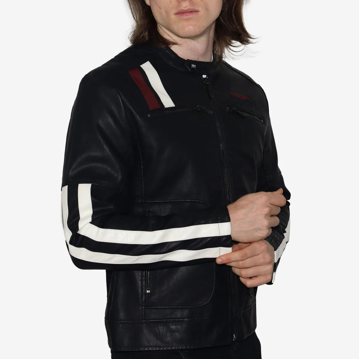 THE CULT - Casaca biker ecocuero con detalles tricolor – ideal para climas frios y estilo motociclista