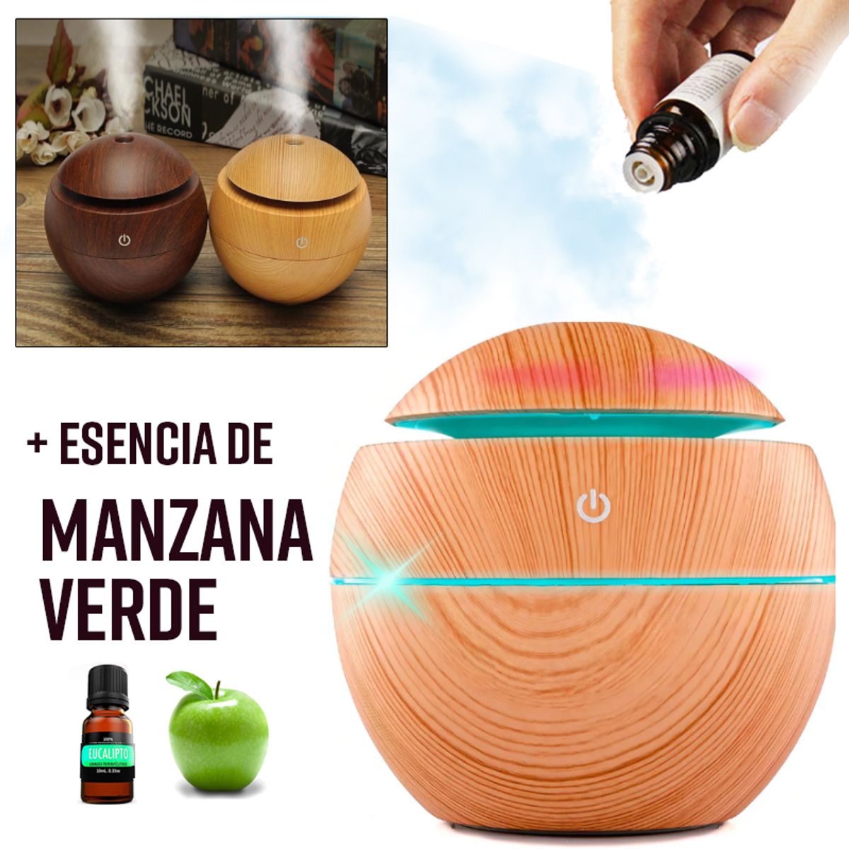 GENERICO - Purificador de Aire con luz RGB Humidificador + esencia Manzana