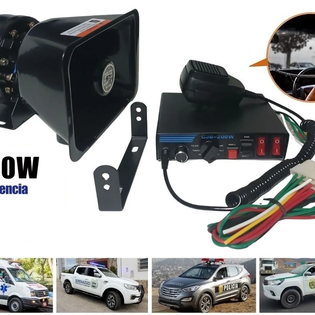 GENERICO - Sirena Policial Altavoz 200w 9 Tonos 12v Patrullero Ambulancia Bomberos