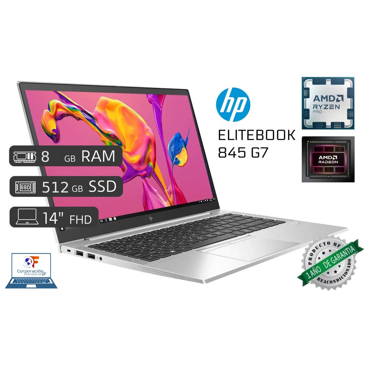 HP - Laptop Hp EliteBook 845 G7 AMD Ryzen 5 PRo 4650u 8GB RAM 512GB SSD Reacondicionado 1 Año Garantía