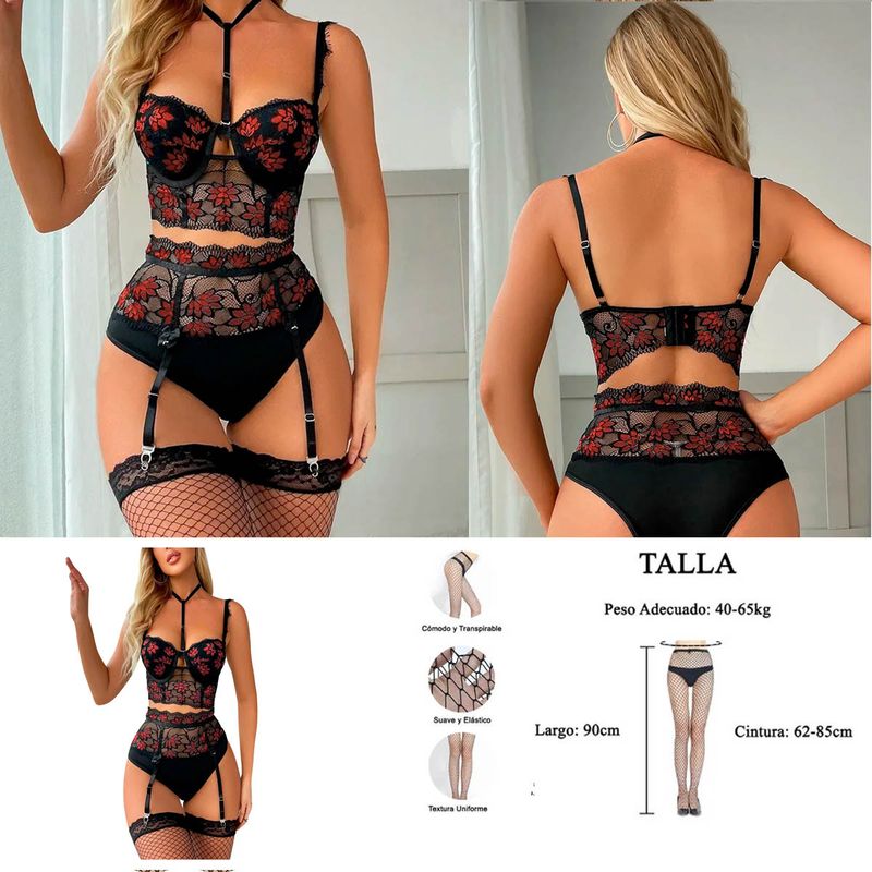 GENERICO - Conjunto de lencería para mujer con liguero de 3 piezas