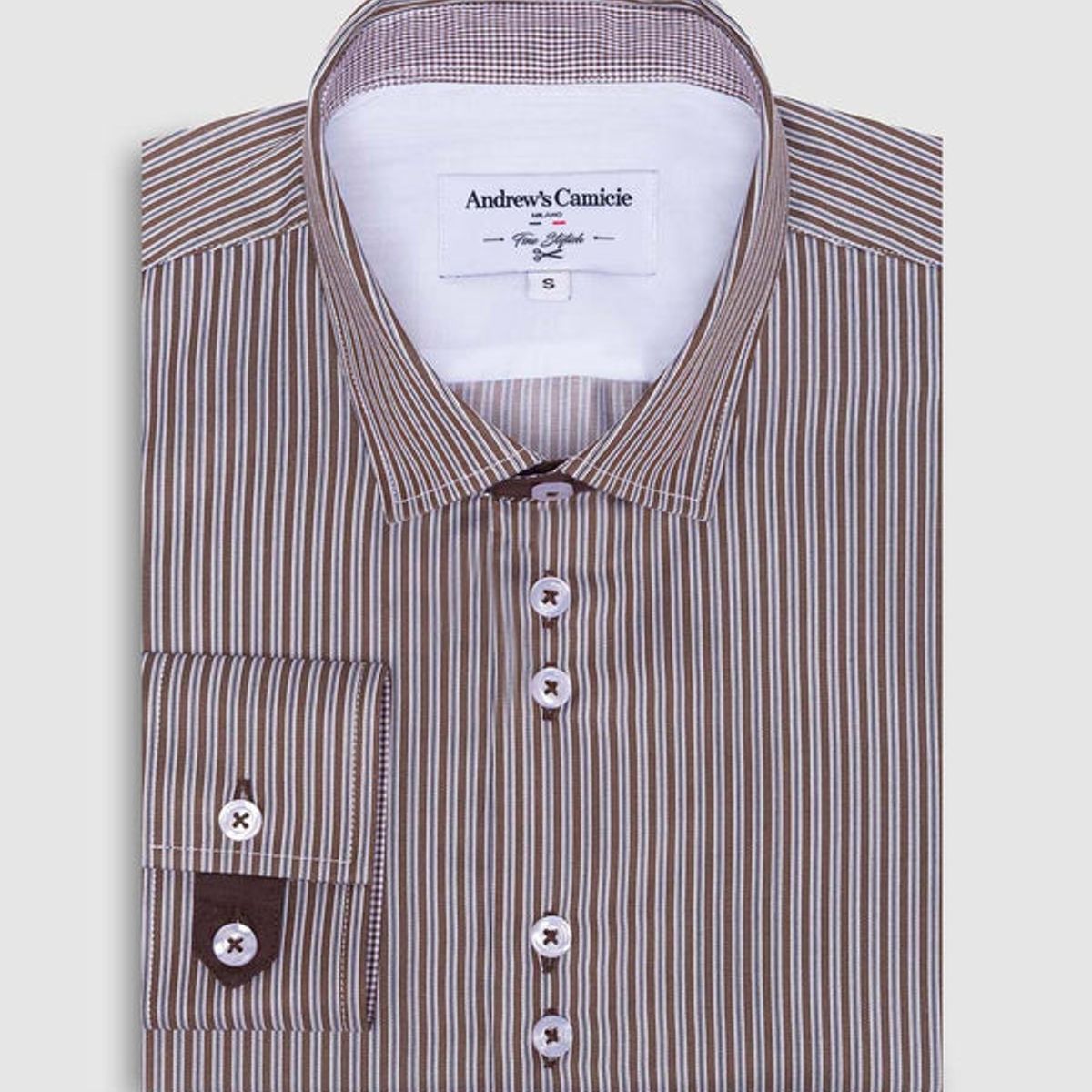 ANDREW'S TIES - Camisa Casual dobby satín - Cuello Italiano  puño recto 2 botones regular marron