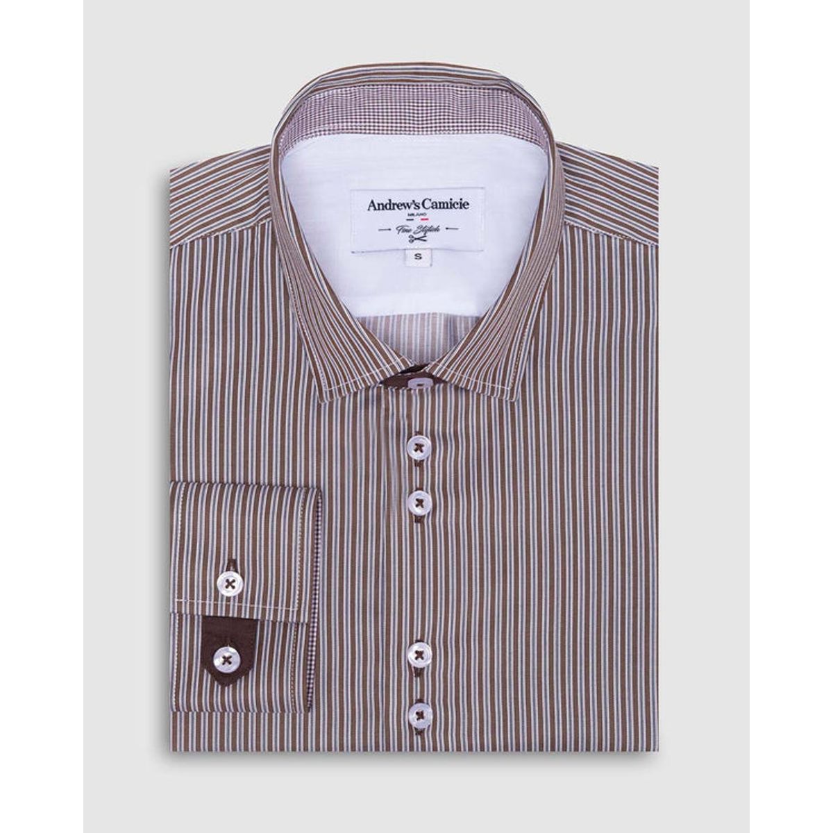 ANDREW'S TIES - Camisa Casual dobby satín - Cuello Italiano  puño recto 2 botones regular marron