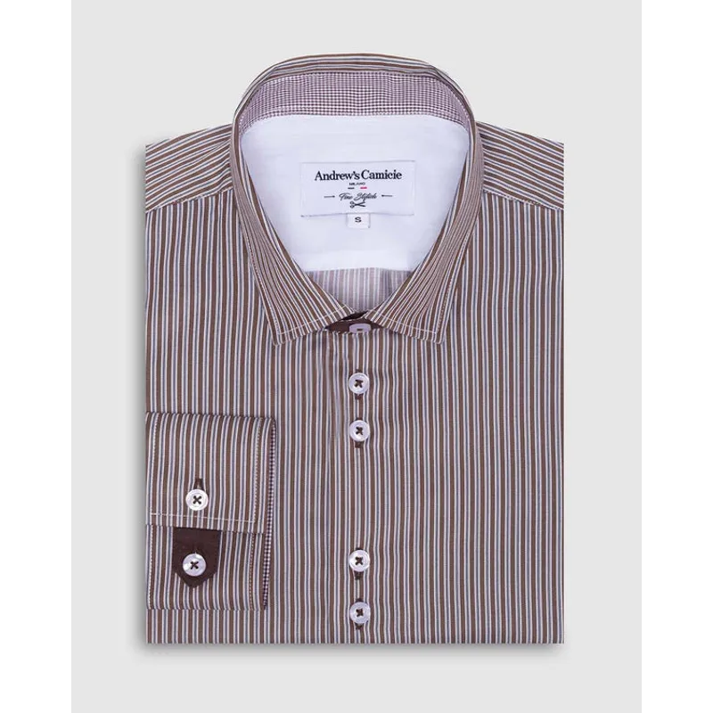 ANDREW'S TIES - Camisa Casual dobby satín - Cuello Italiano  puño recto 2 botones regular marron