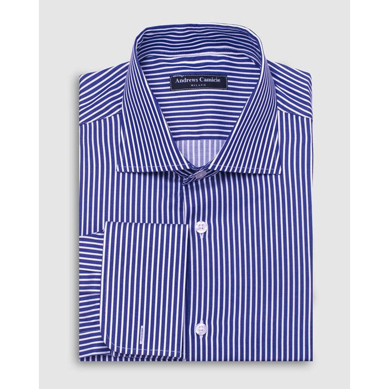 ANDREW'S TIES - Camisa Vestir dobby - Cuello Italiano  puño gemelo regular azul