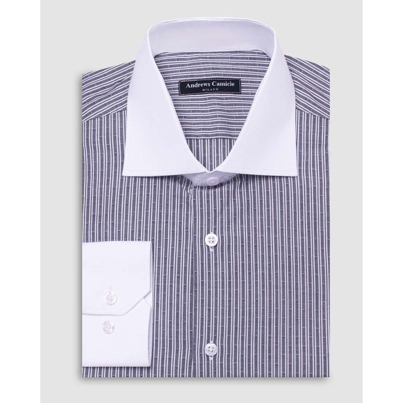 ANDREW'S TIES - Camisa Vestir dobby - Cuello Italiano puño simple regular gris