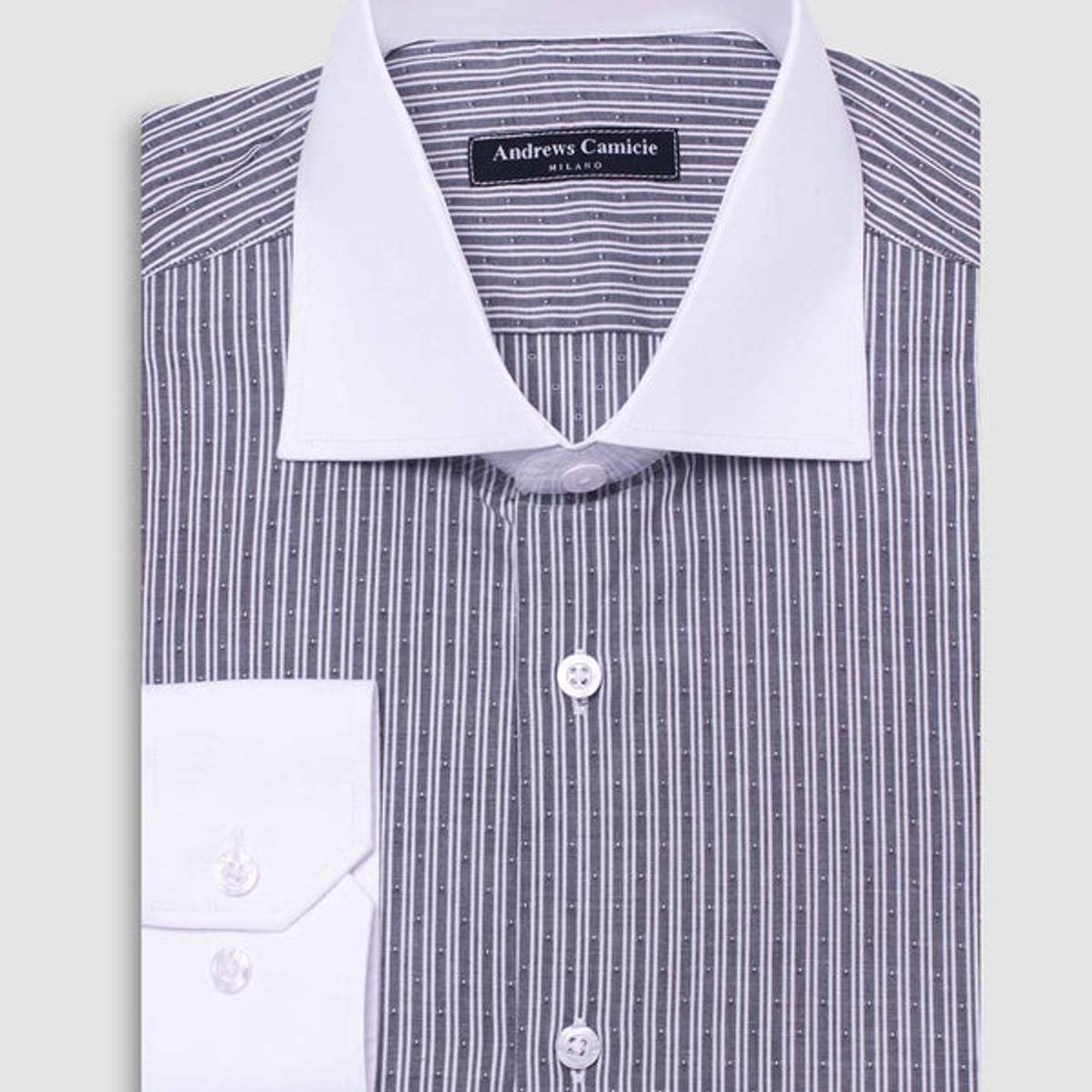 ANDREW'S TIES - Camisa Vestir dobby - Cuello Italiano puño simple regular gris