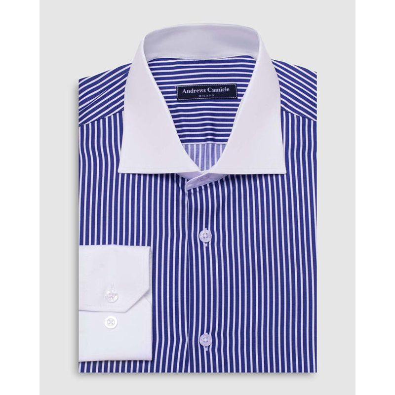 ANDREW'S TIES - Camisa Vestir dobby satín - Cuello Italiano  puño simple regular azul