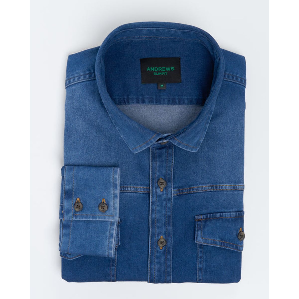 ANDREW'S TIES - Camisa Casual denim - Cuello Italiano puño simple 2 botones slim azul