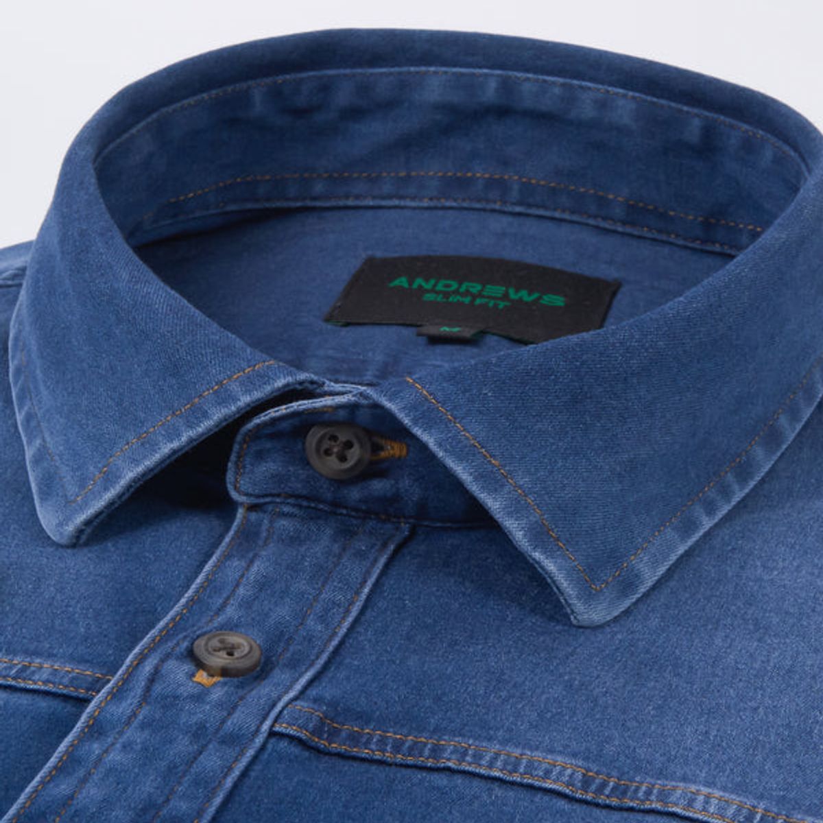 ANDREW'S TIES - Camisa Casual denim - Cuello Italiano puño simple 2 botones slim azul