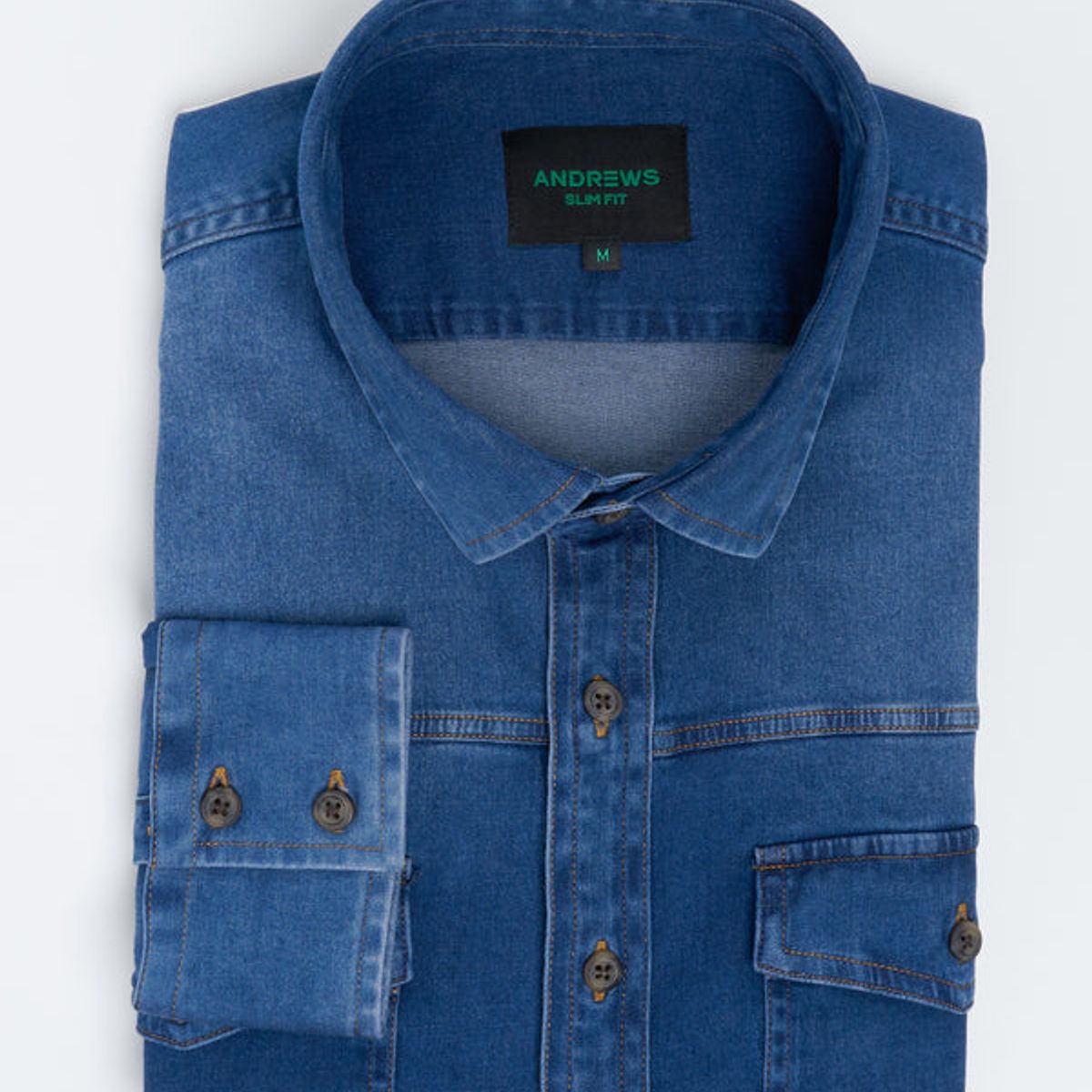 ANDREW'S TIES - Camisa Casual denim - Cuello Italiano puño simple 2 botones slim azul