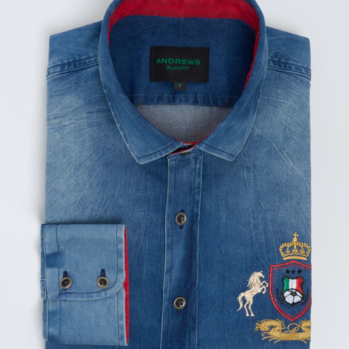 ANDREW'S TIES - Camisa Casual denim - Cuello Italiano puño simple 2 botones slim azul