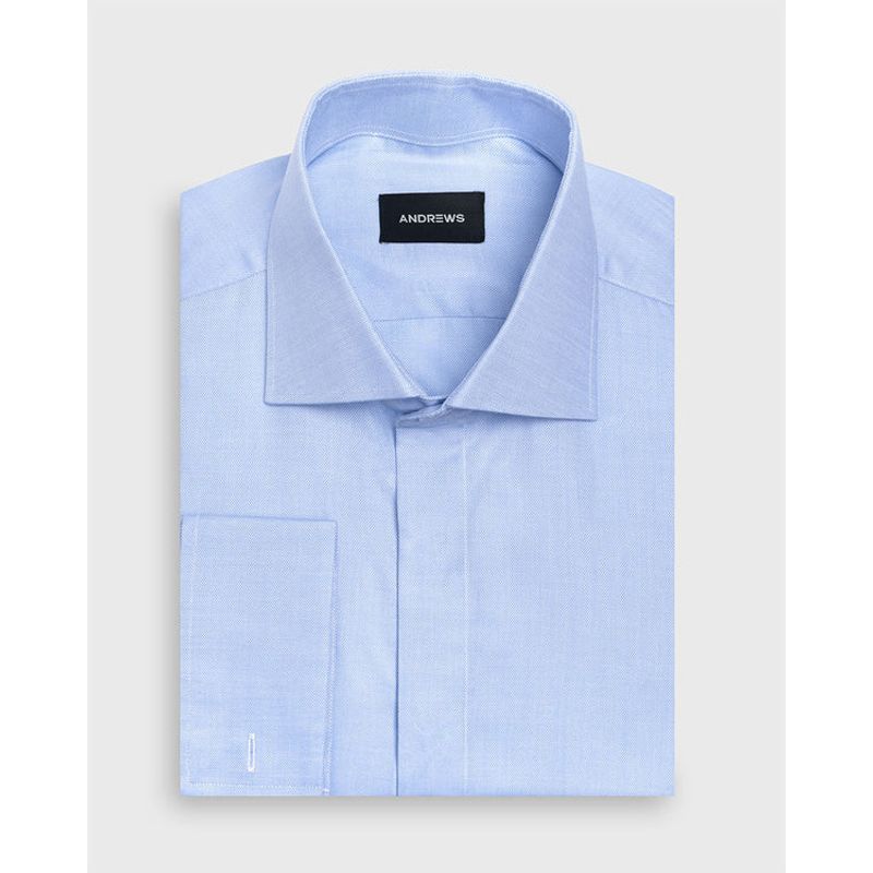 ANDREW'S TIES - Camisa Vestir dobby - Cuello Italiano  puño doble uso regular azul