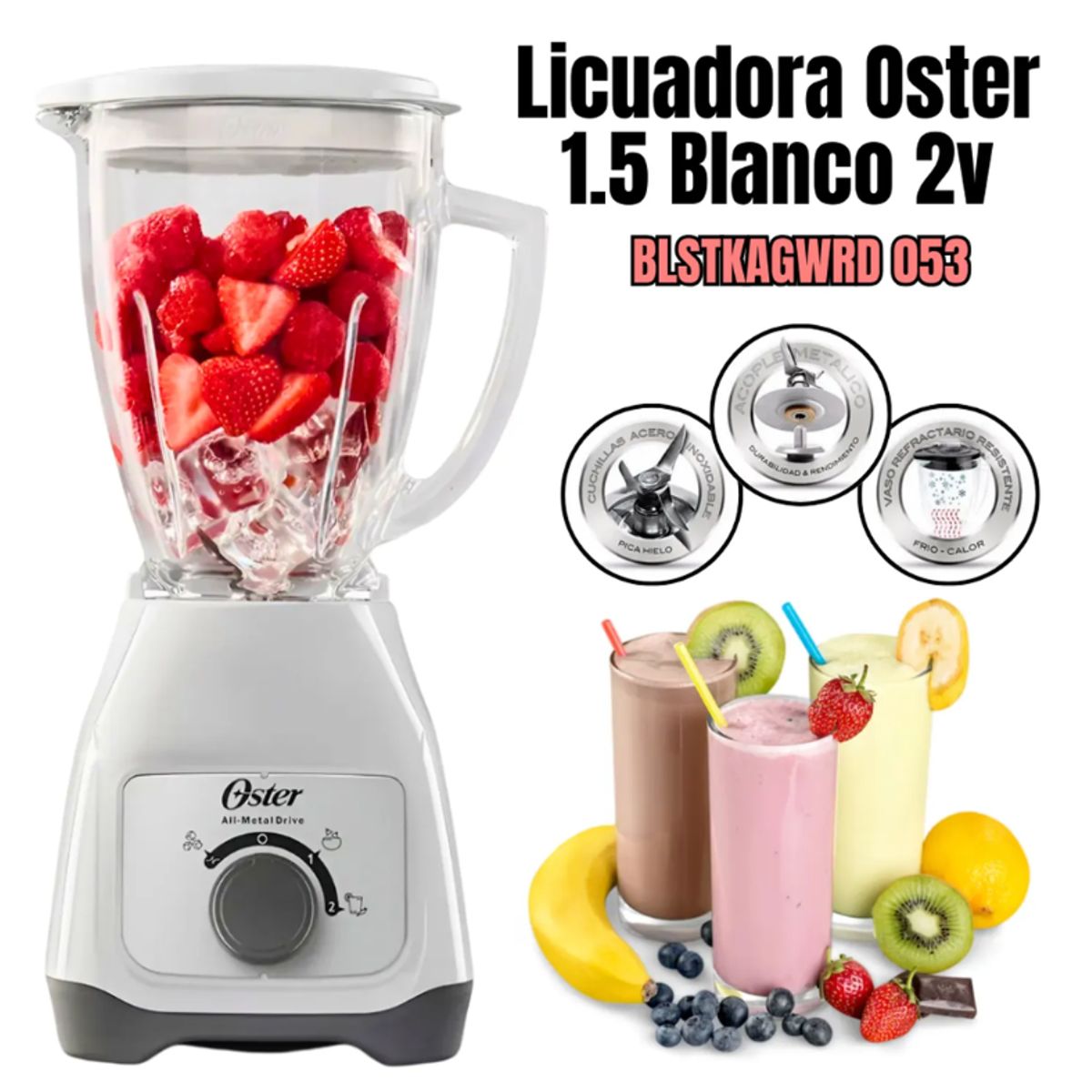OSTER - Licuadora Oster 1.5L de 550W Blanco BLSTKAG WRD 053