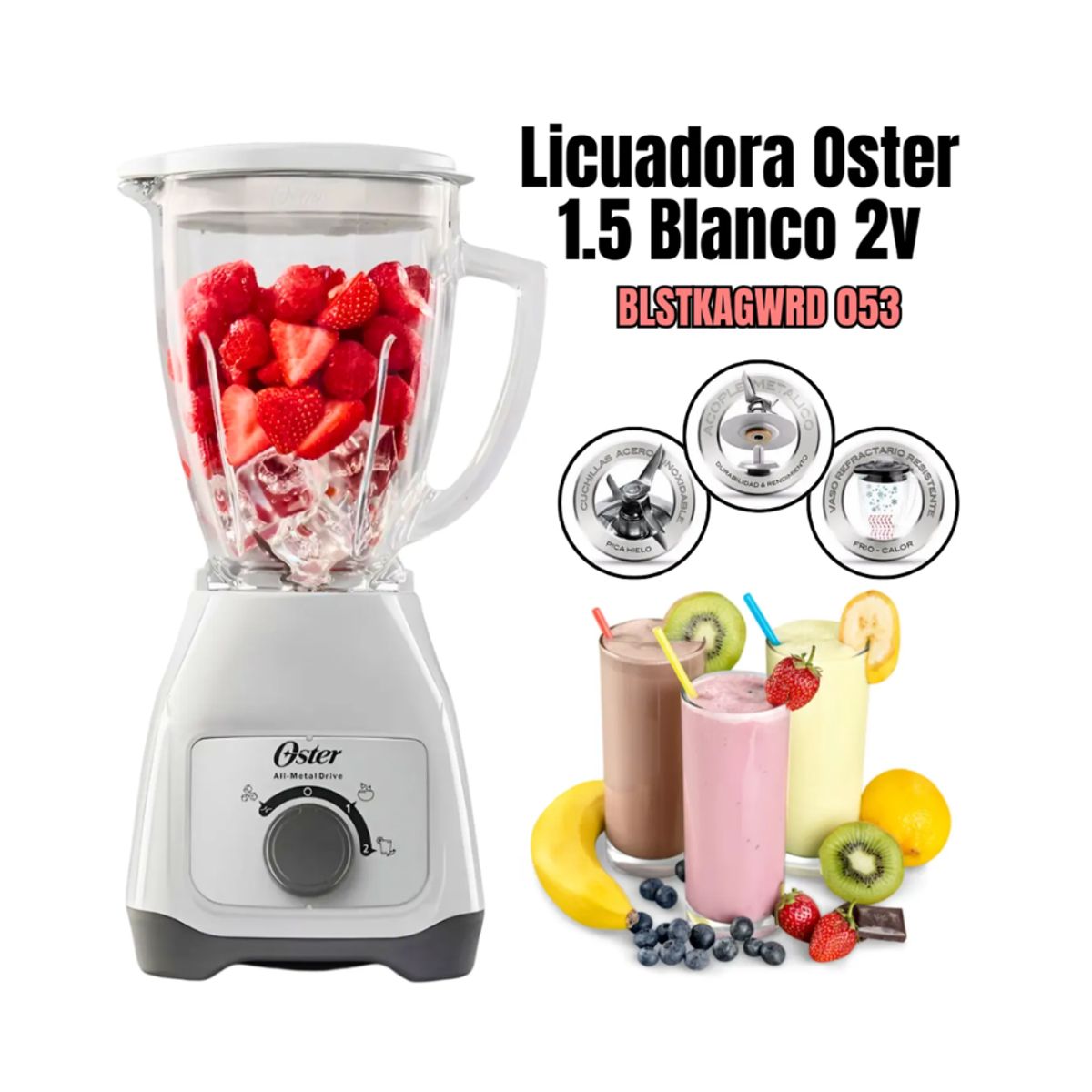 OSTER - Licuadora Oster 1.5L de 550W Blanco BLSTKAG WRD 053