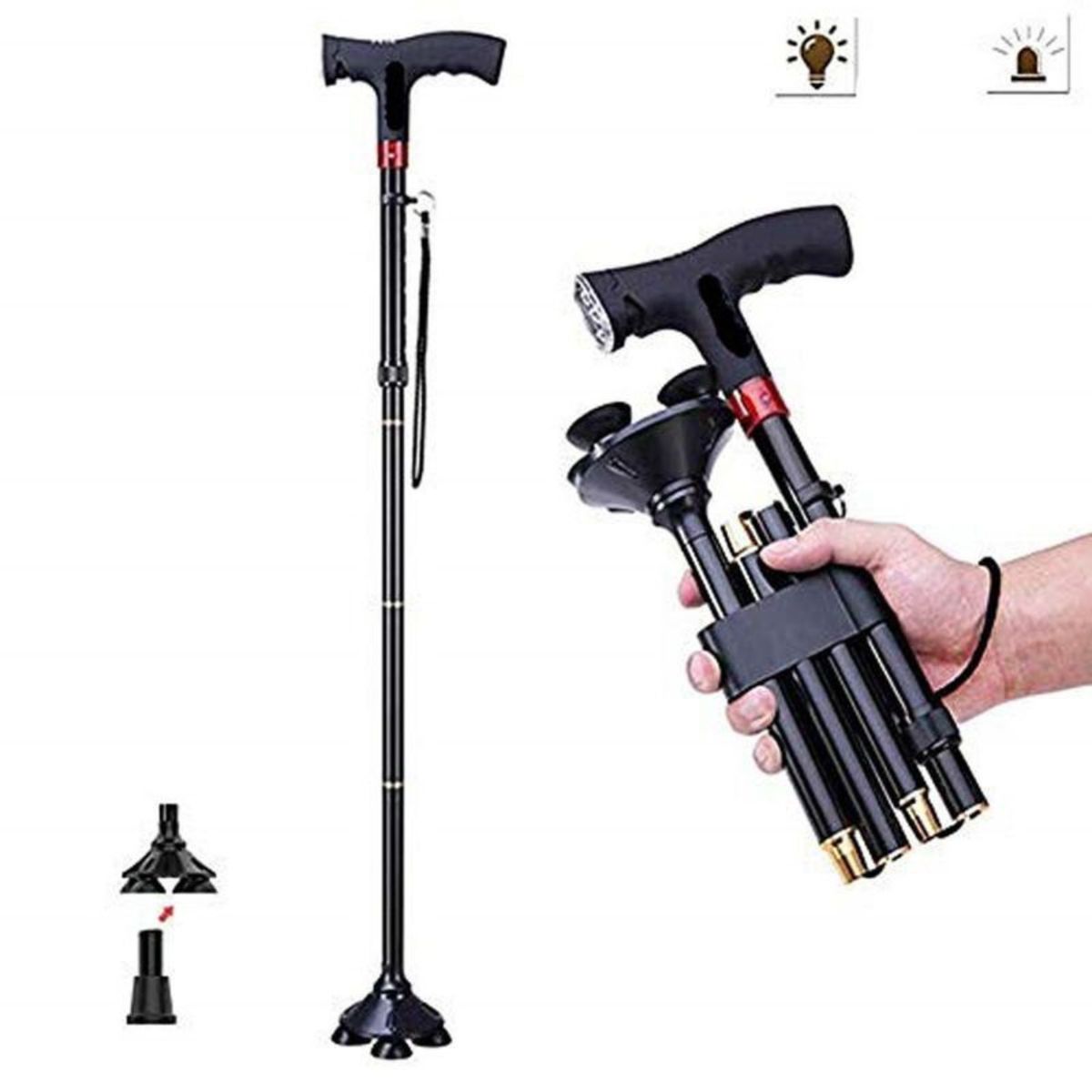 GENERICO - Bastón Plegable Con Luz Led + 4 Soportes Antideslizante