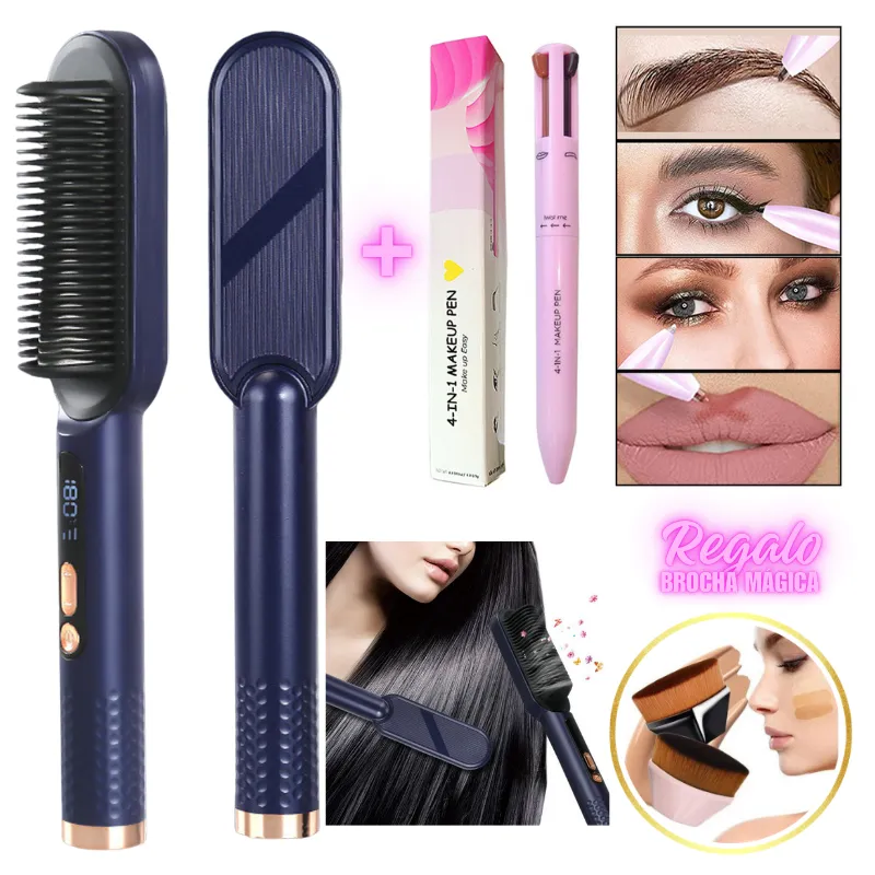 GENERICO - Pack Cepillo Plancha  + Lapiz de Maquillaje 4 EN 1 + Regalo