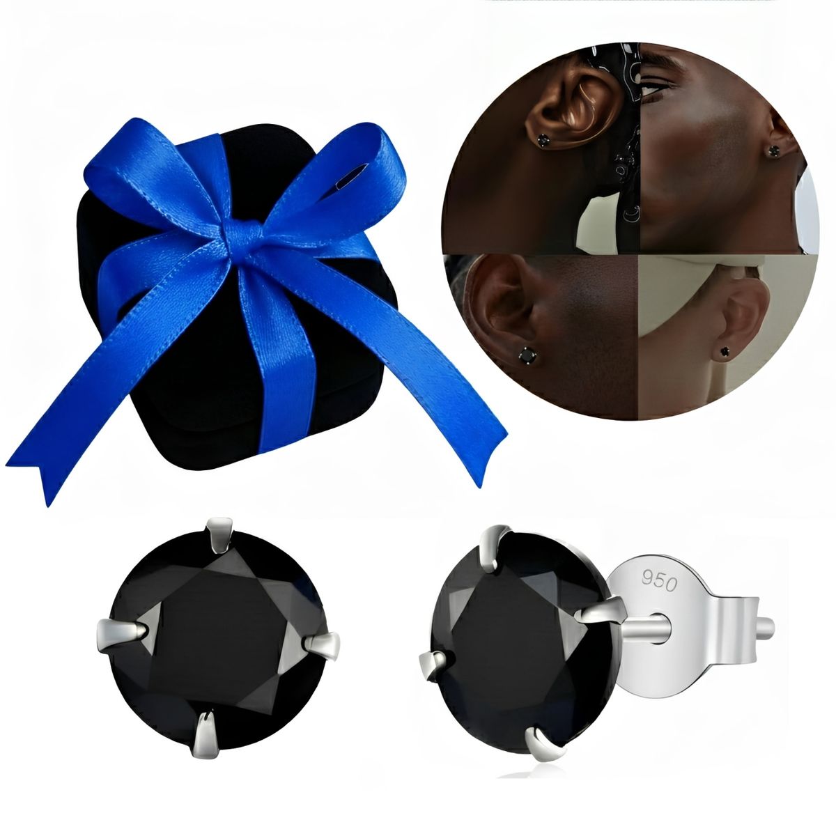 GENERICO - Aretes Hombre Punto De Luz Zircón Negro Plata 950 - 5mm