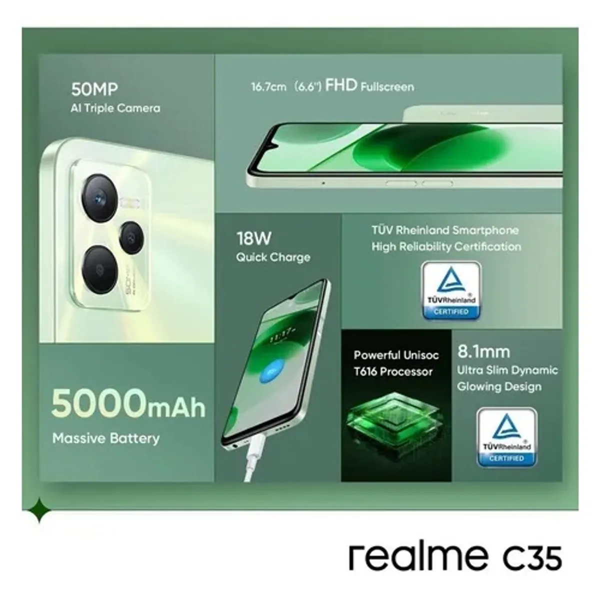 REALME - SMARTPHONE REALME C35 de 8GB RAM (4GB+ 4GB Extended) + 128GB / CAMARA  50MP/ 5000 mAh/ GLOWING GREEN