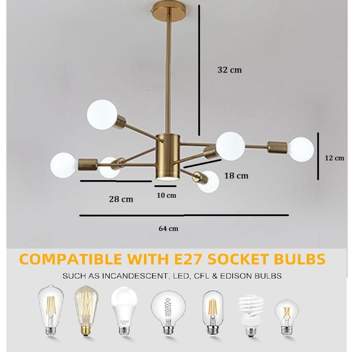 GENERICO - Lampara de Techo 6 Luces dorado - sin focos