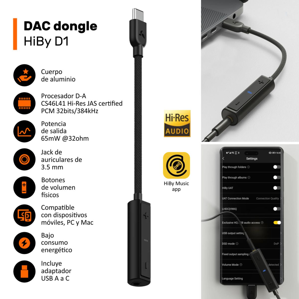 GENERICO - HiBy D1 DAC amplificador dongle HiRes + HiBy Yves audífonos 6mm