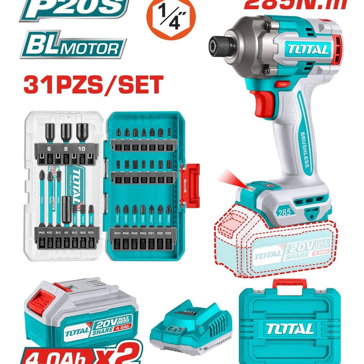 TOTAL - Atornillador de impacto 20v Brushless 285Nm + punteros total