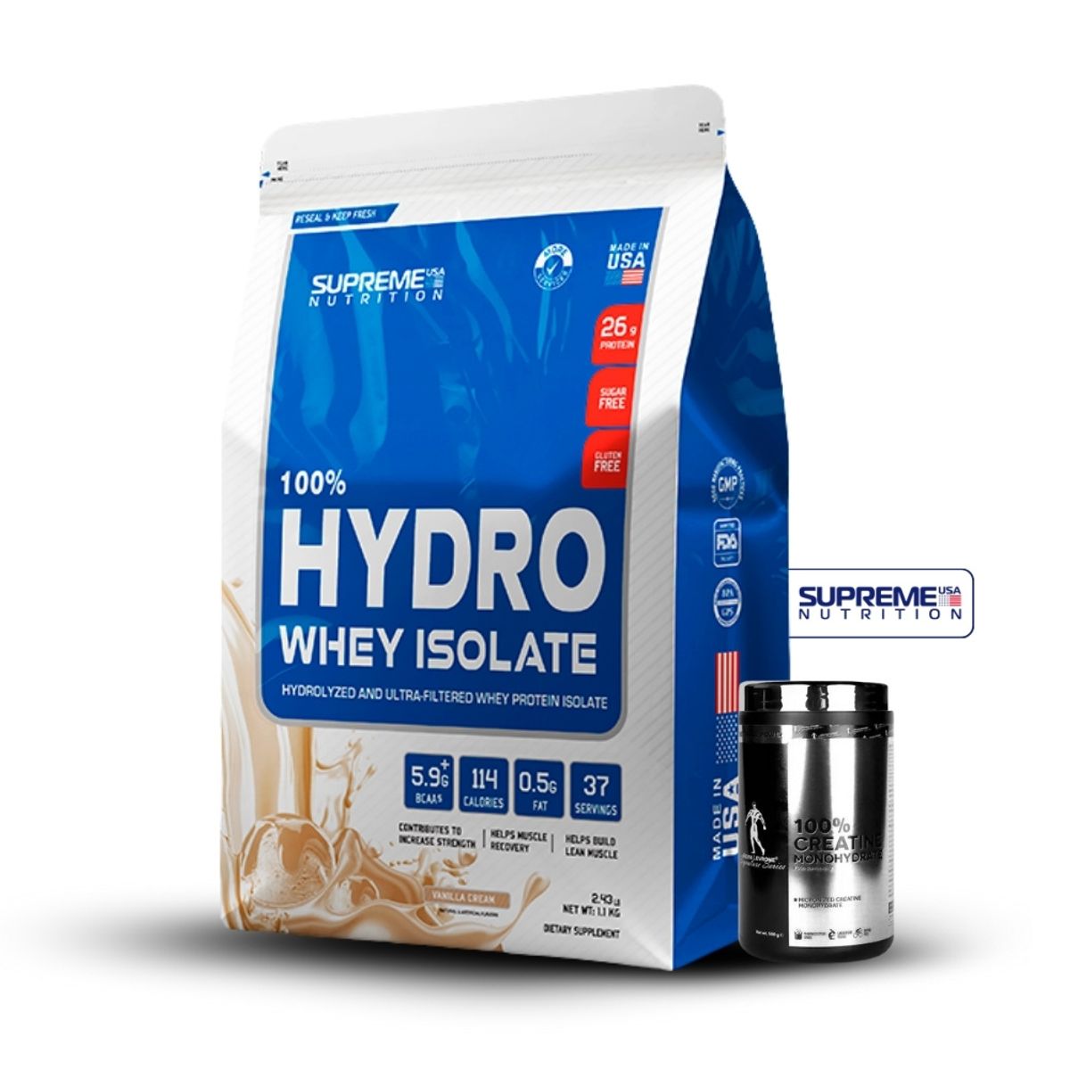 SUPREME NUTRITION - 100% Hydro Whey Isolate Vainilla 2.4 lb+Creatina Kevin Levrone 500Gr