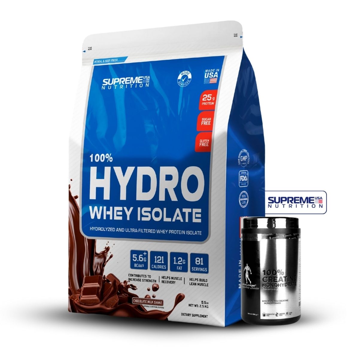 SUPREME NUTRITION - 100% Hydro Whey Isolate Chocolate 5.5 lb+Creatina Kevin Levrone 500Gr