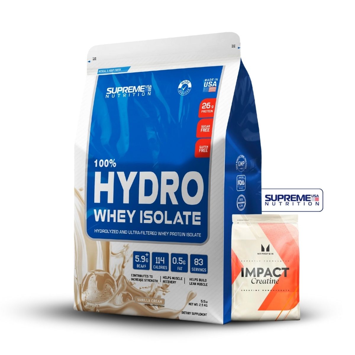 SUPREME NUTRITION - 100% Hydro Whey Isolate Vainilla 5.5 lb+Creatina Myprotein 250Gr