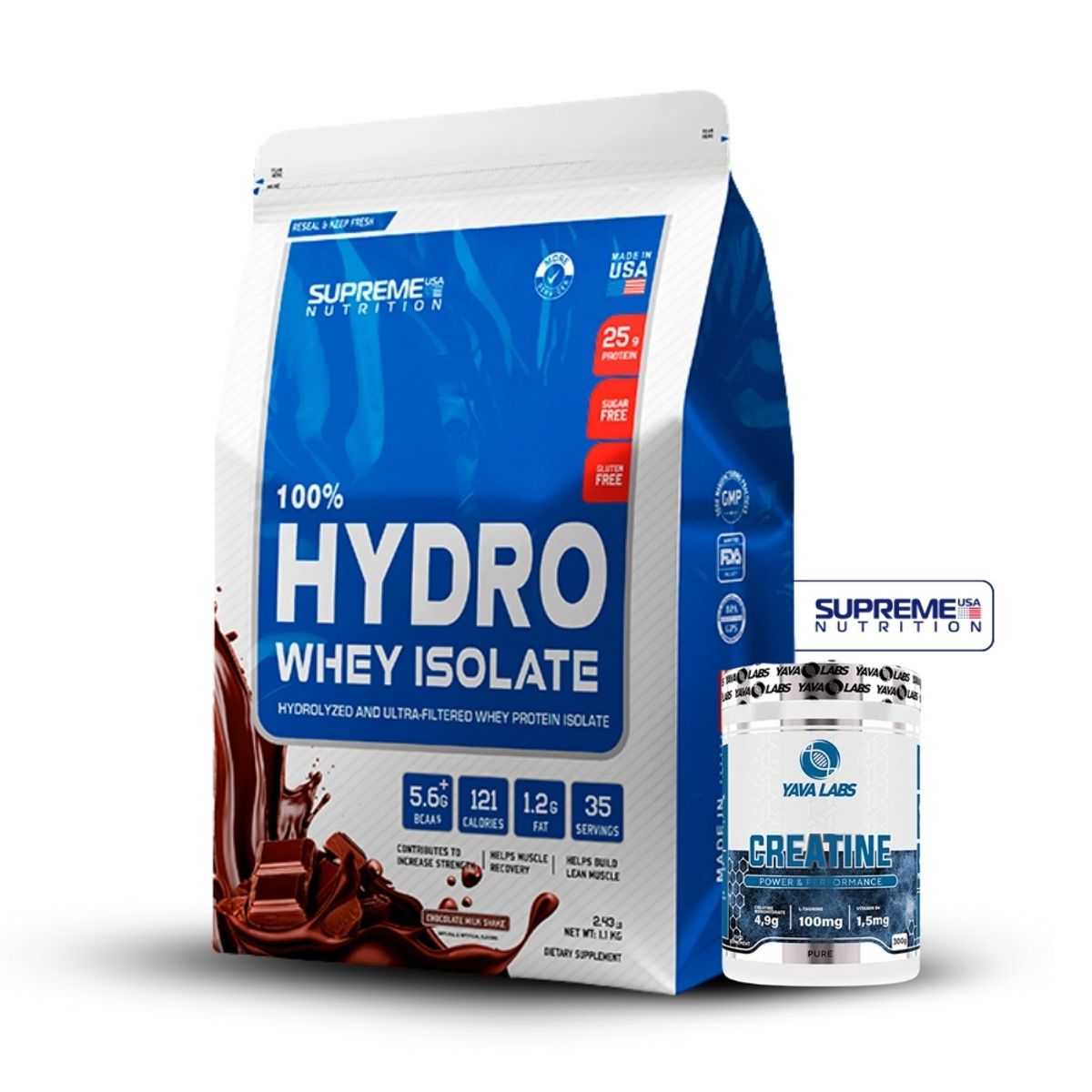 SUPREME NUTRITION - 100% Hydro Whey Isolate Chocolate 2.4 lb+Creatina Yava Labs 300Gr